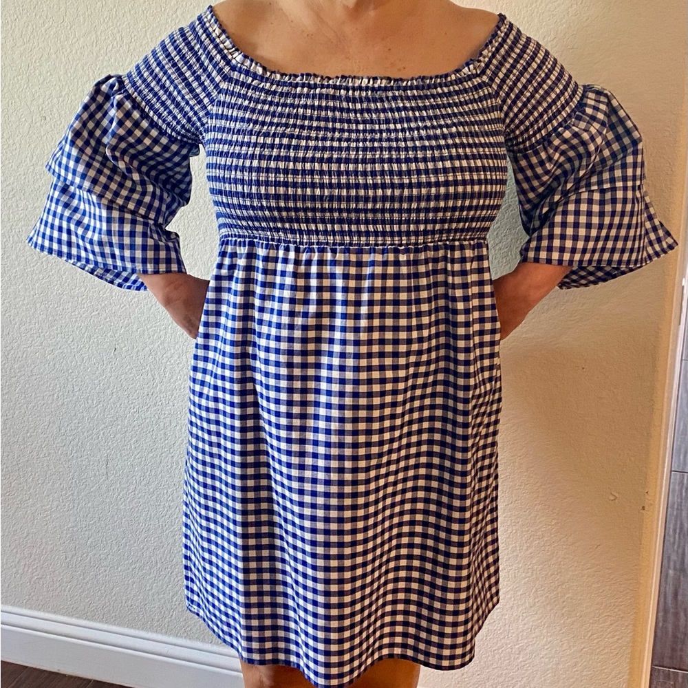 Blue Gingham Off-Shoulder Dress